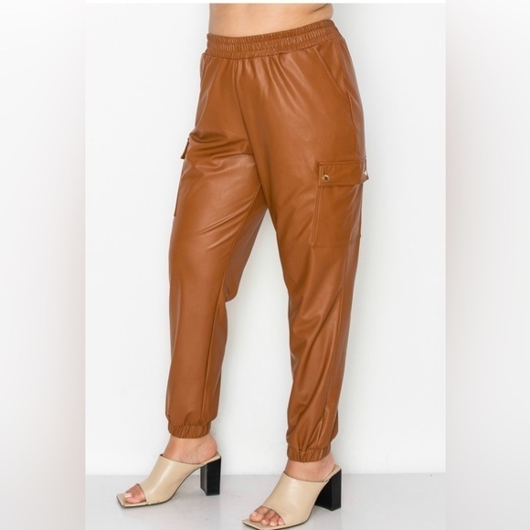 Ms. Diva Plus..Carmel Faux Leather Cargo Joggers - Picture 2 of 5